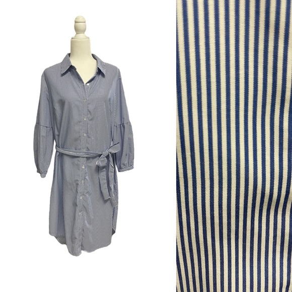 NWT Mlle Gabrielle XL Polyester Blue Stripe Button Down Shirt Dress Sash Belt - Picture 1 of 10